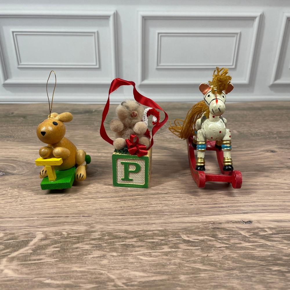 VTG Wooden Christmas Ornaments Set Rocking Horse, Bunny Scooter, Alphabet Block